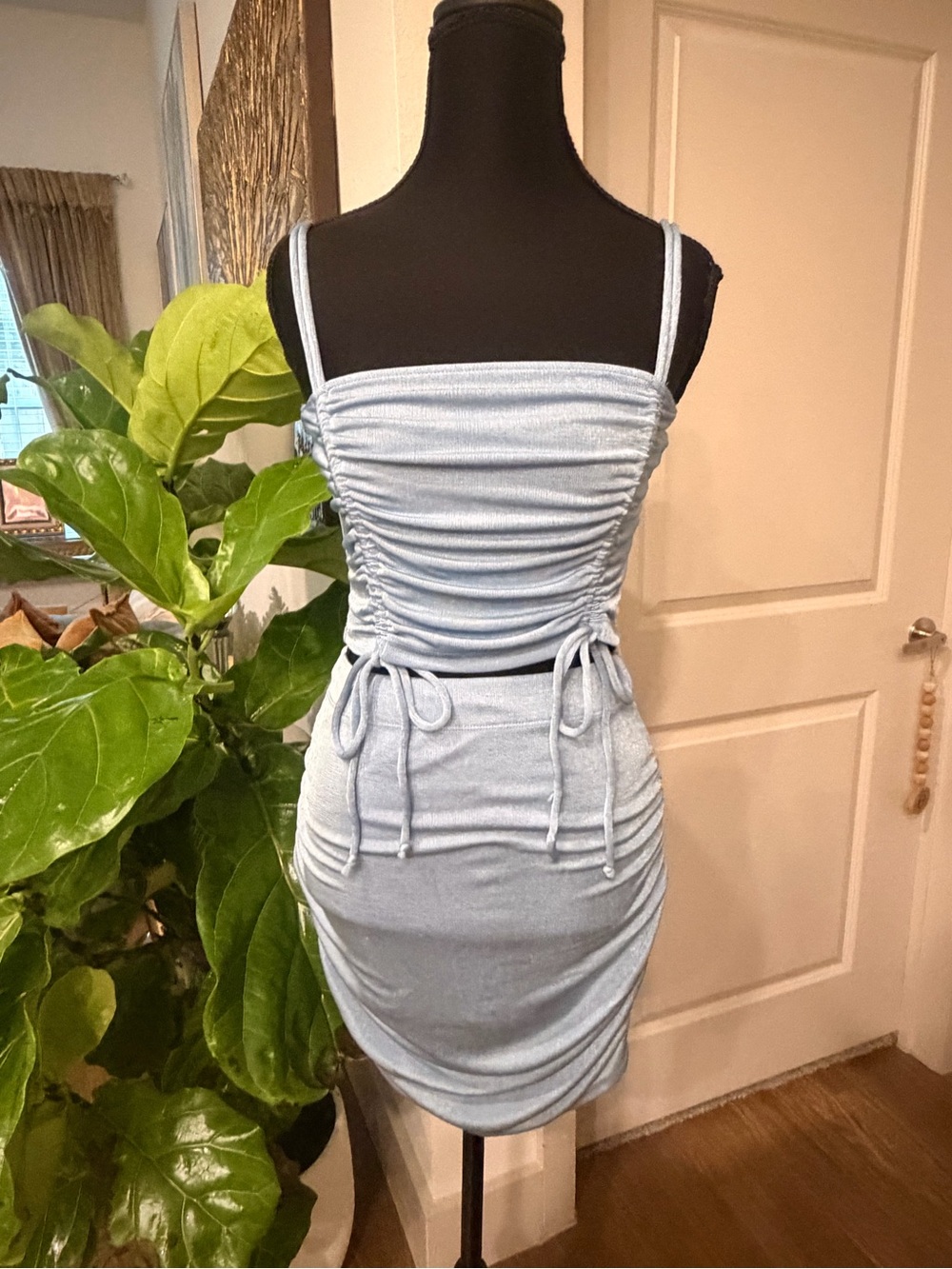 Light Blue Ruched Mini Dress with Adjustable Side Ties